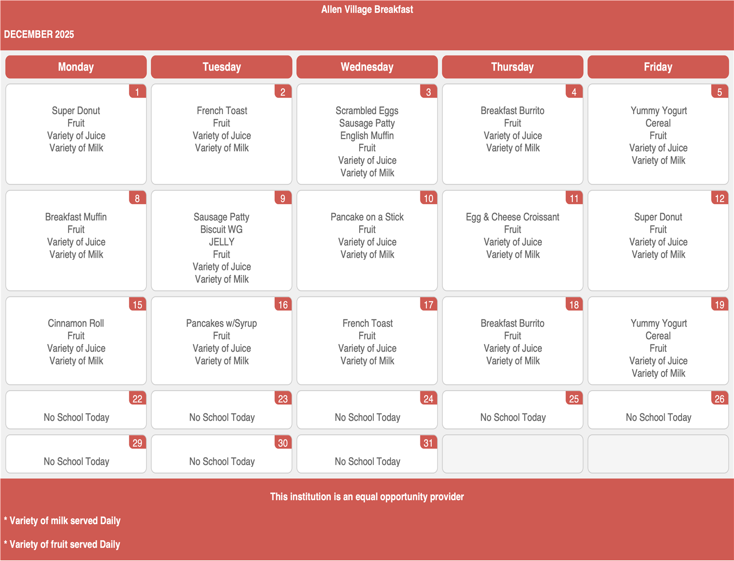 December Breakfast Menu